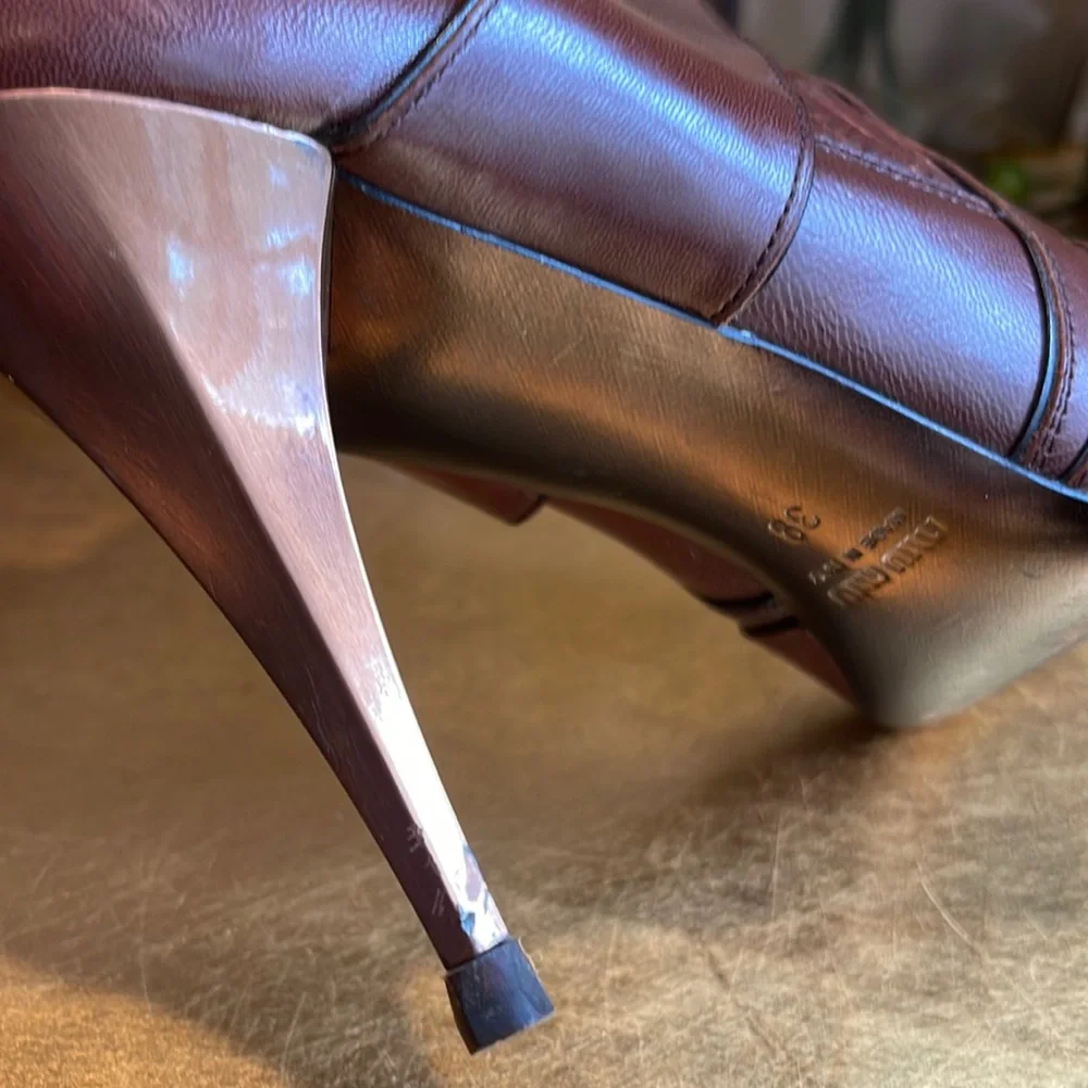 Miu Miu Capretto Stitch Cotto Leather Booties in Brown Leather and Copper